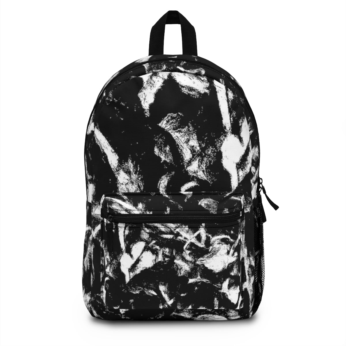 Front of the backpack in bold black and white with abstract leaf forms and high-contrast painterly strokes