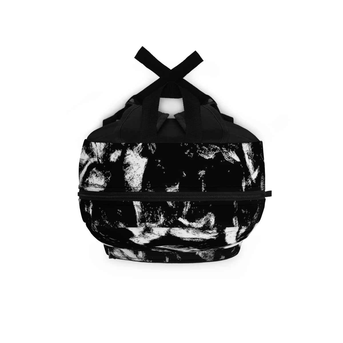 Top-down view of the backpack in swirling black and white strokes with a centered black handle