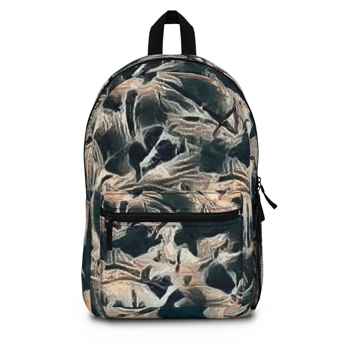 Front of the backpack in soft rose beige with deep forest green and charcoal, layered in a painterly style