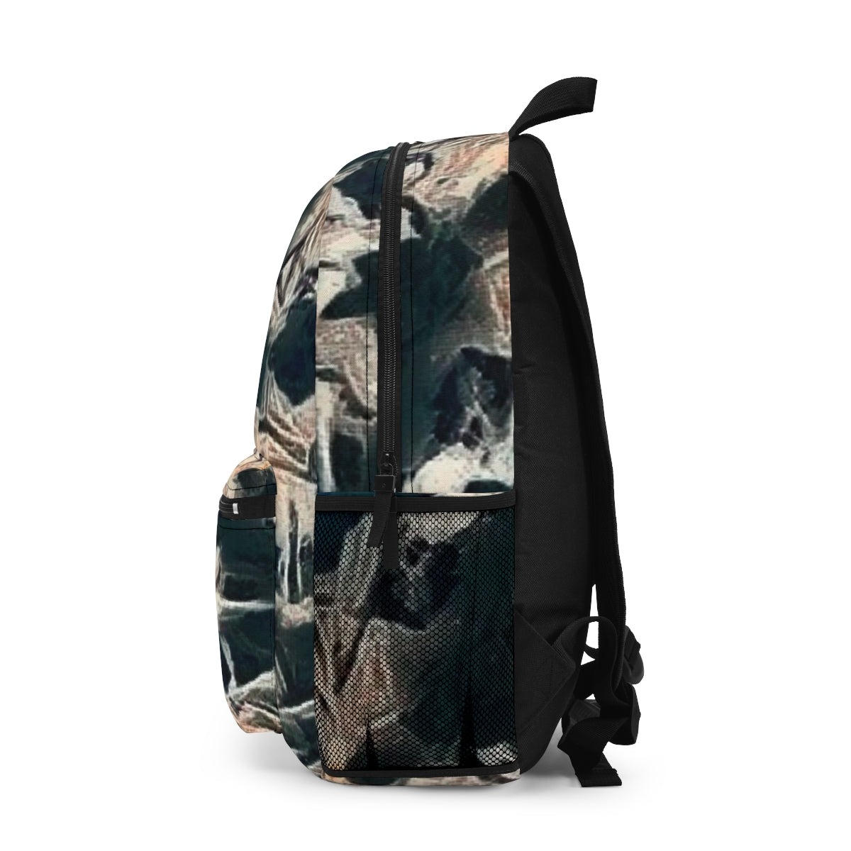 Left side of the backpack with muted pink and green undertones and dark mesh pocket