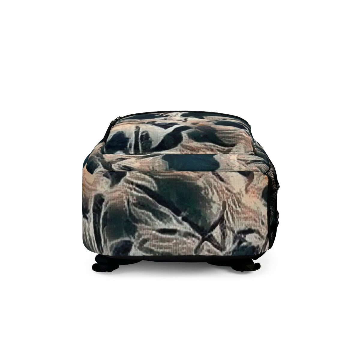 Bottom of the backpack in earthy green and dusty pink shadows, brushed in fine layers