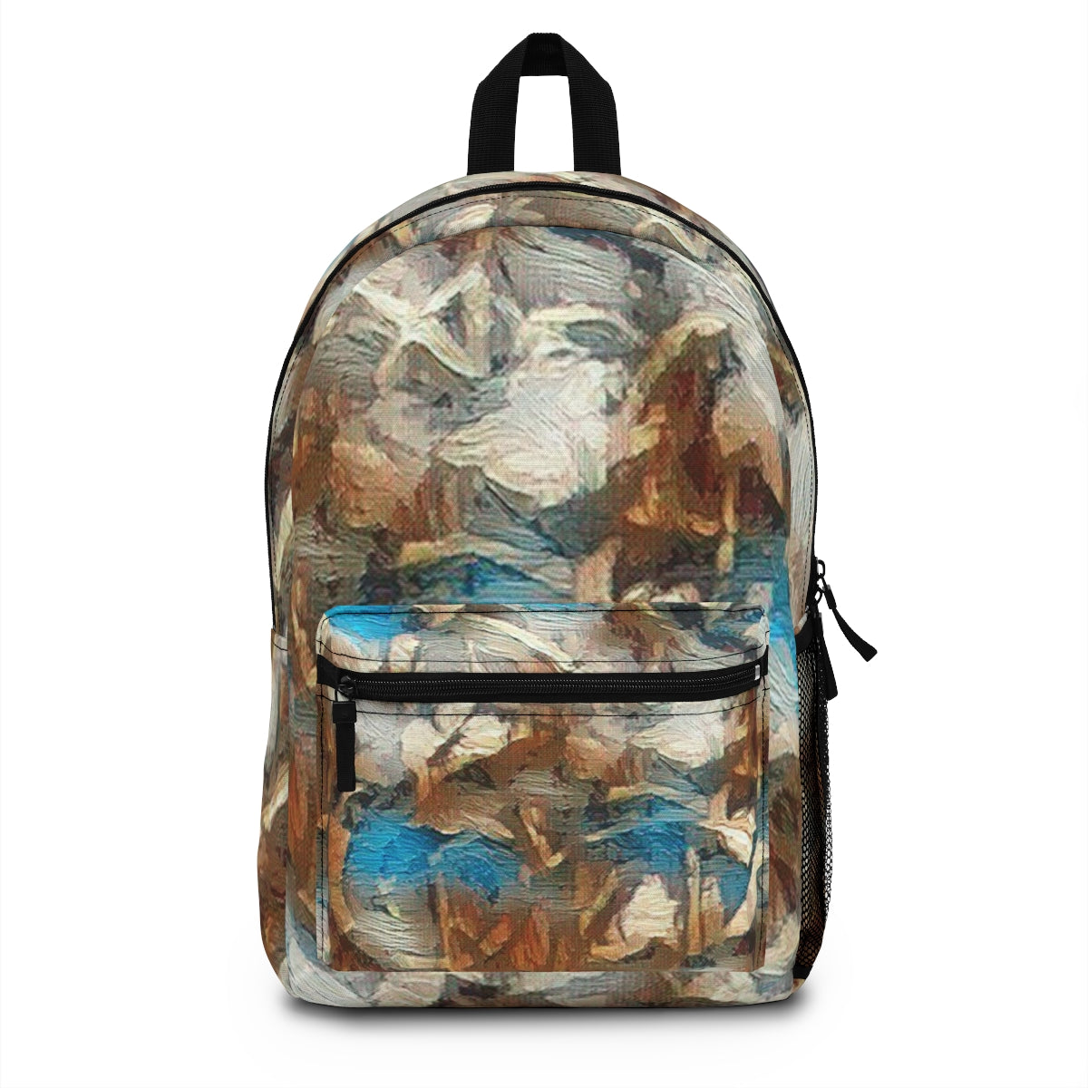 Front of a children’s backpack in muted greens, browns, and cream tones with leafy, shadowed brush textures