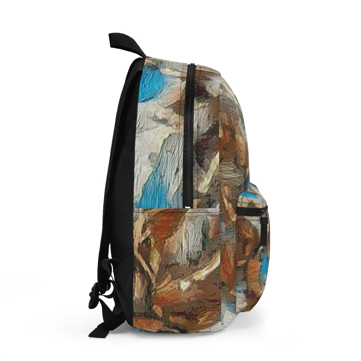 Right profile showing layered abstract foliage patterns in deep greens and soft neutrals