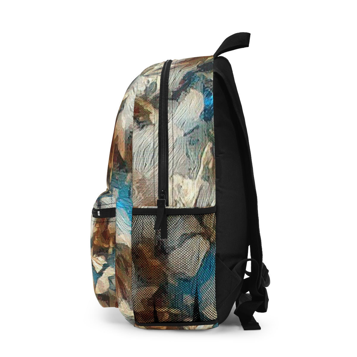 Left side of the backpack with forest-inspired tones and a dark mesh bottle pocket