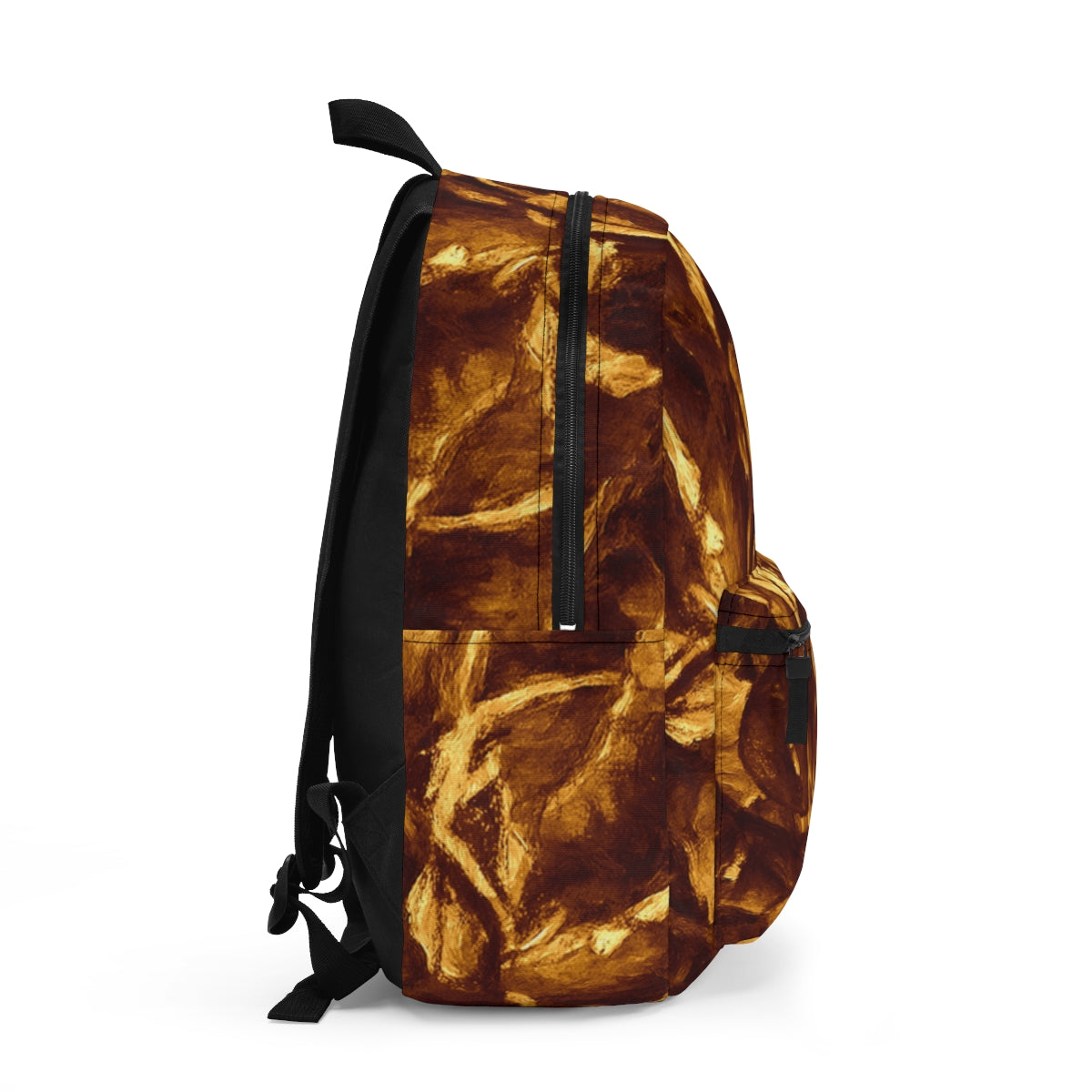 Right profile showing rich golden-brown texture and subtle leaf forms in abstract motion