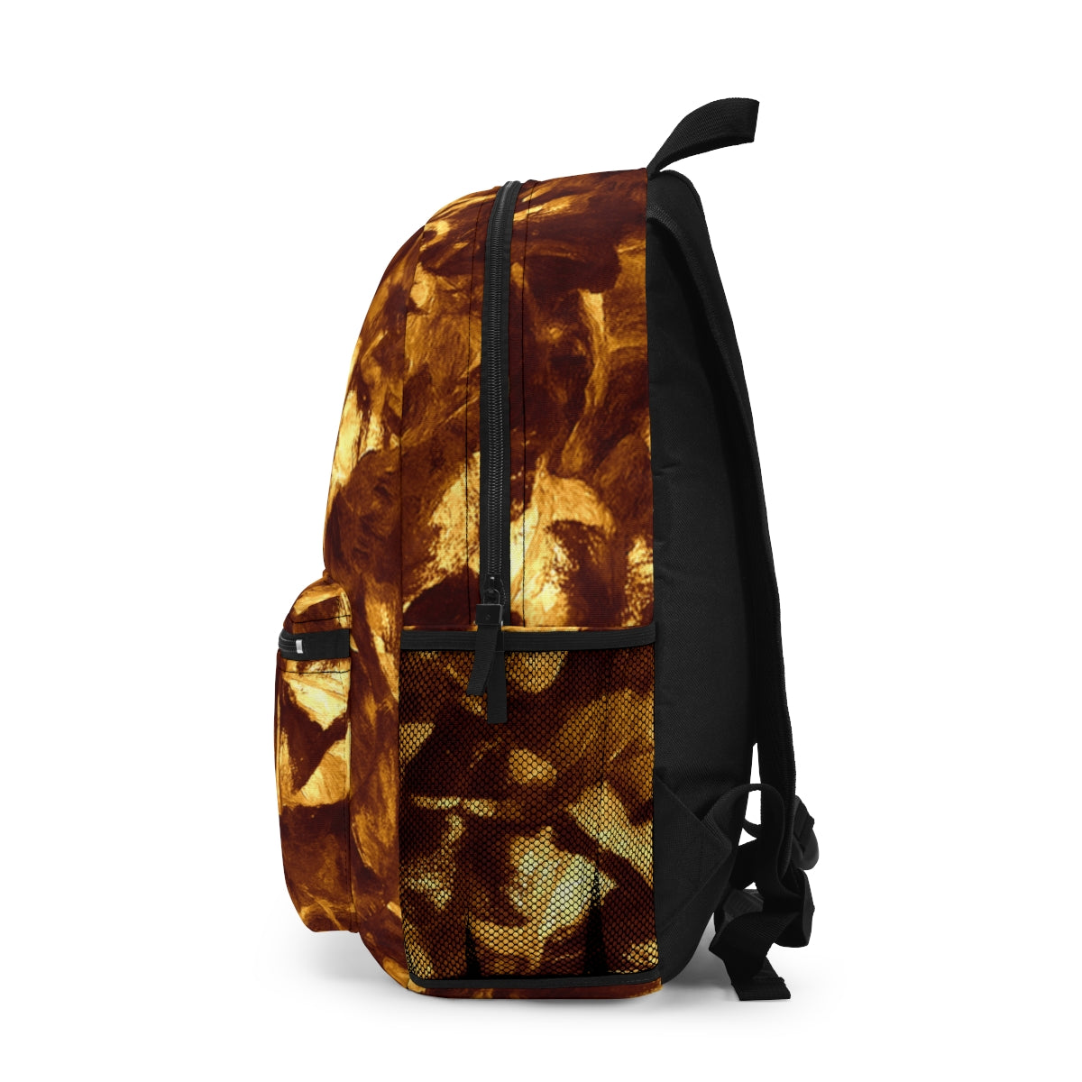 Left side of the backpack in luminous gold and warm brown blends with a mesh pocket
