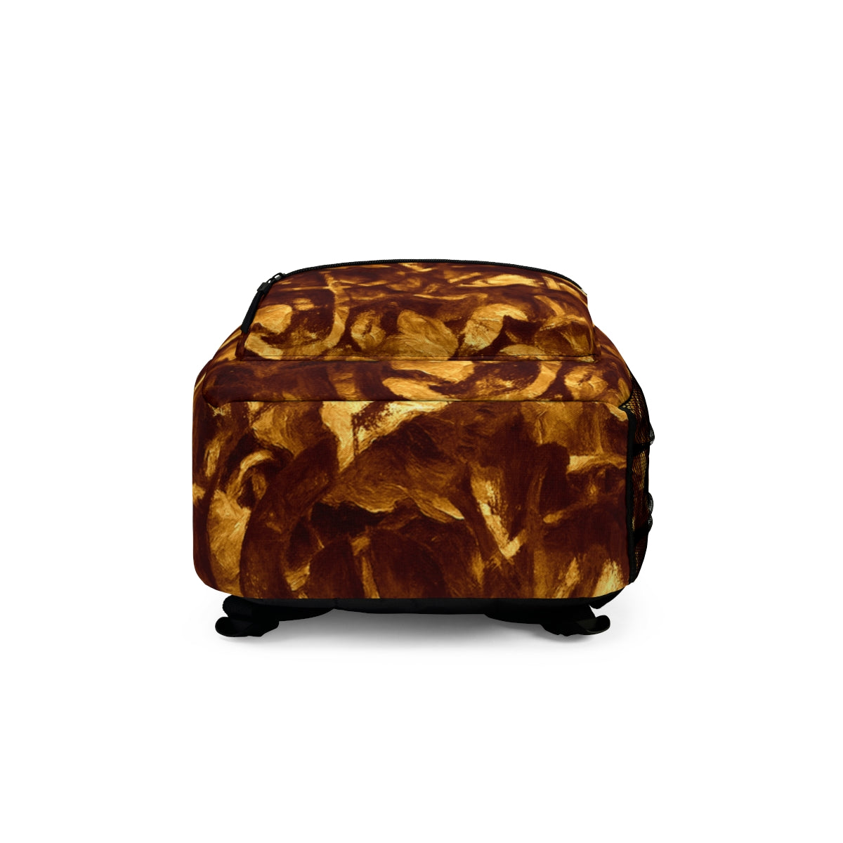 Bottom of the backpack in deep brown with golden leaflike accents in a painterly finish