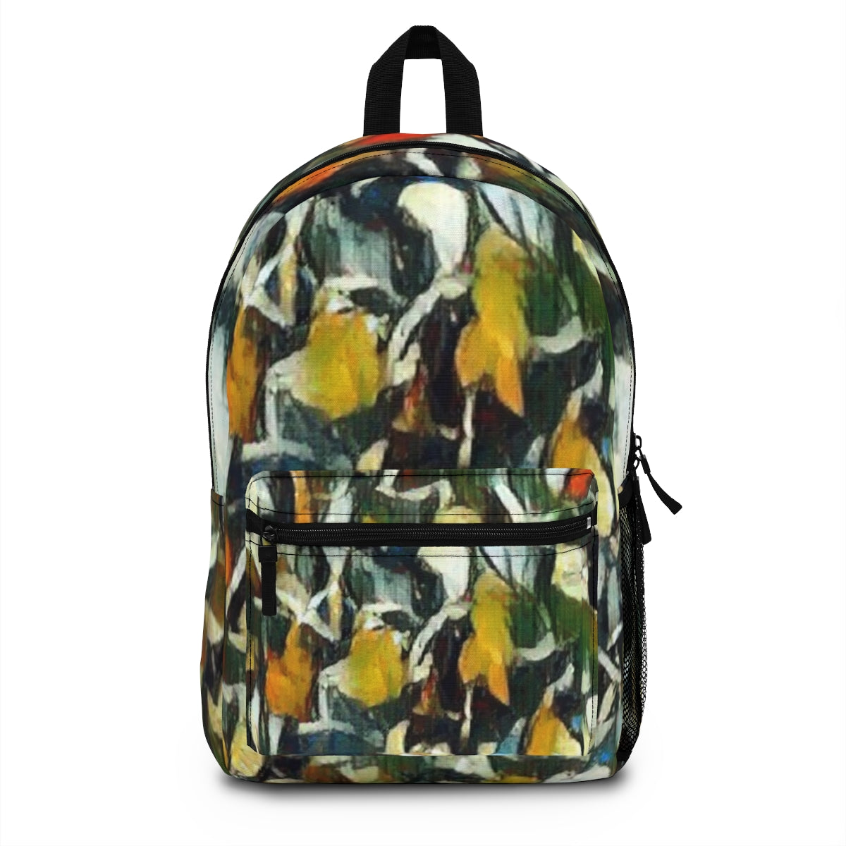 Front of the backpack with a dramatic mix of black, navy, and dark green brush textures resembling layered petals in shadow