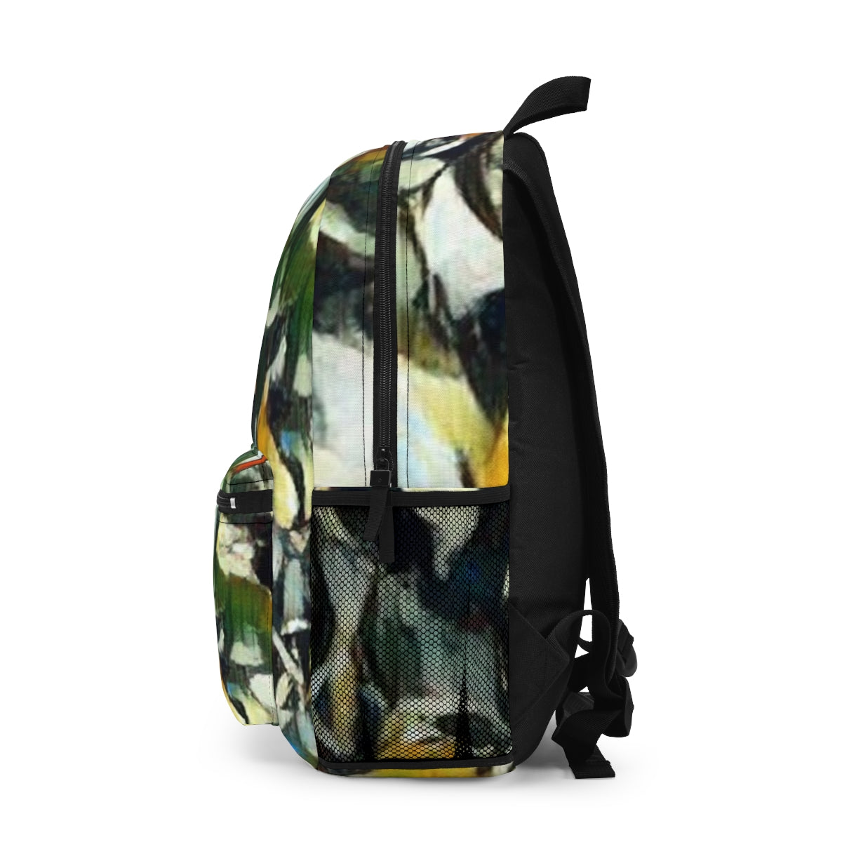 Left side in moody tones of blue and green, abstract and softly textured, with mesh bottle pocket