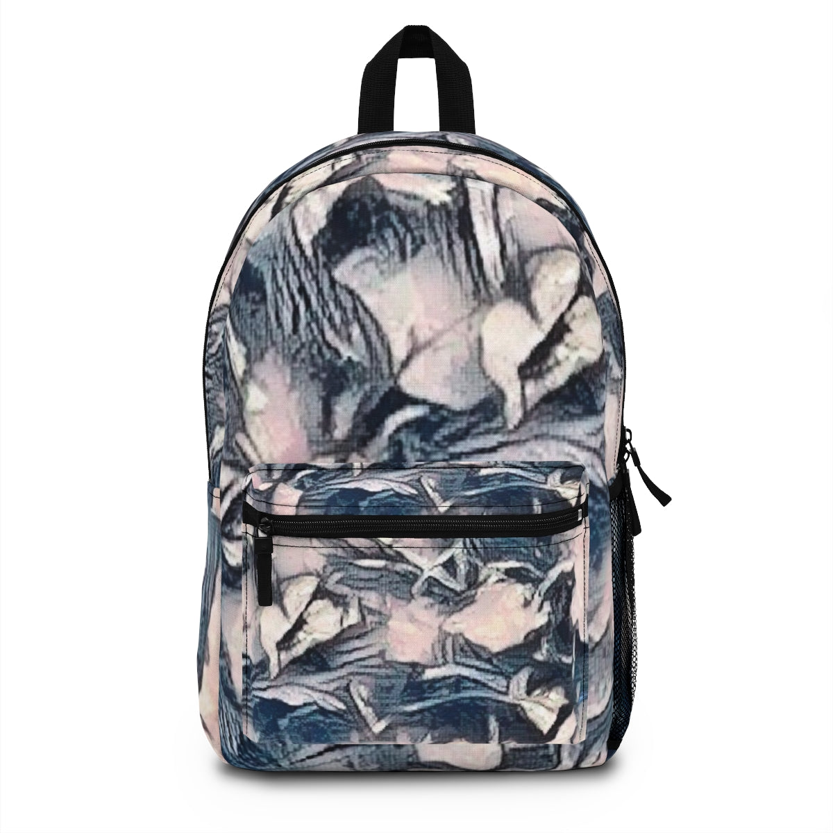 Front of a colorful backpack in layered grey-blue tones with pale blush brushstrokes forming abstract leaf textures