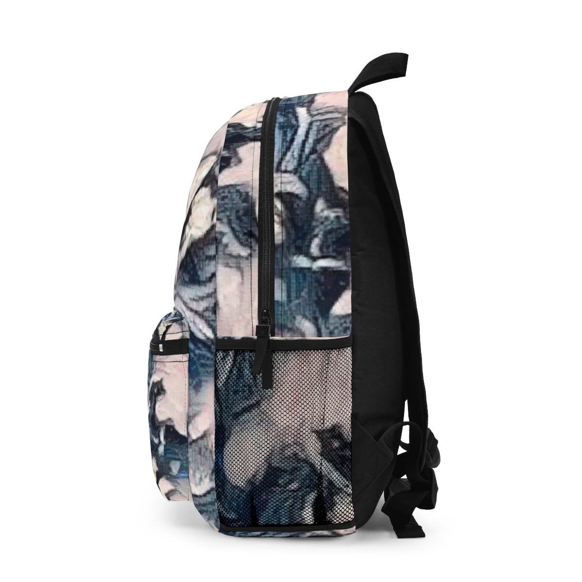 Left side with cool slate tones, soft painterly movement, and black mesh bottle pocket