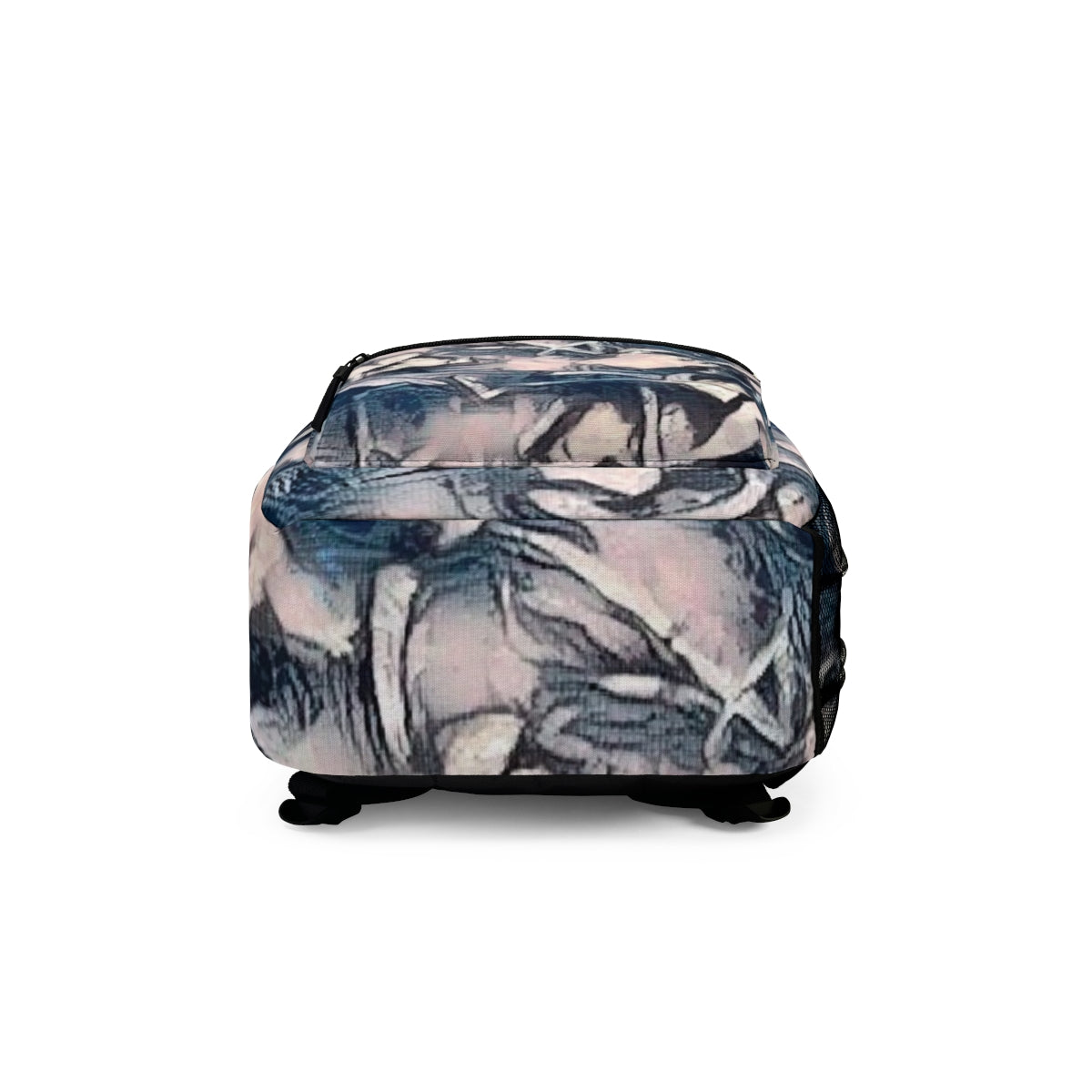 Bottom of the backpack in earthy green and dusty pink shadows, brushed in fine layers
