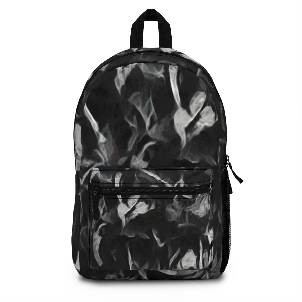 Front of a backpack in soft pink, grey, and blue with feathered brushstrokes and a smoky, painterly effect