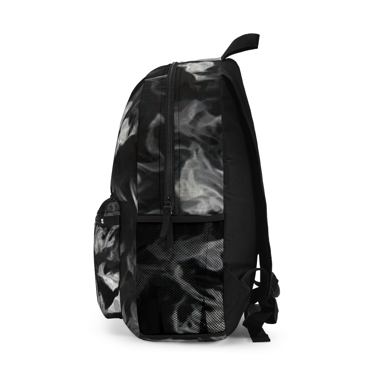 Left side of the backpack with pale layers of blush, slate, and indigo, plus mesh pocket