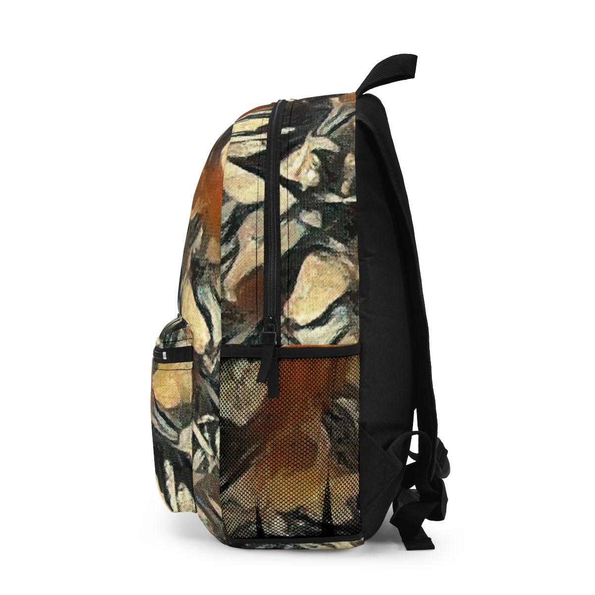 Left side featuring rich tones of bark and sienna, with textural depth and black mesh pocke