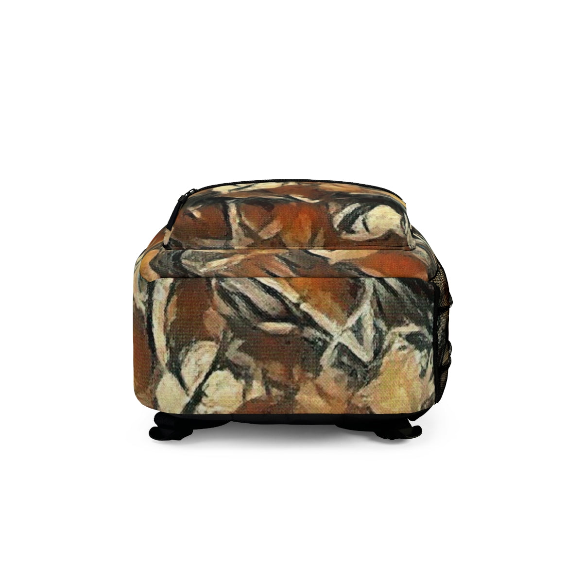 Bottom panel of the backpack in warm, layered browns with subtle painterly structure
