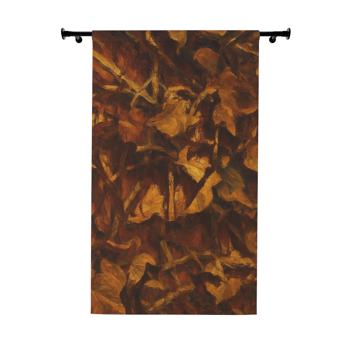 Blackout curtain featuring abstract leaf textures in rich brown, sienna, and ochre tones—shown flat against a white background