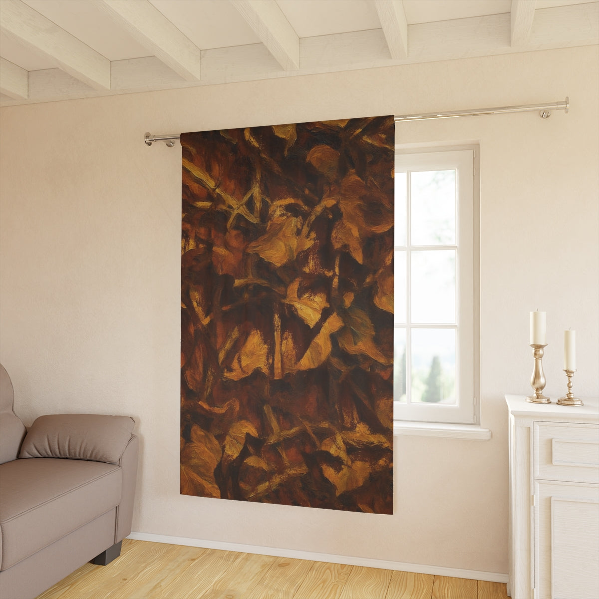 Leaf Tone blackout curtain in warm earthy hues, displayed in a softly lit living room with beige walls and natural wood flooring