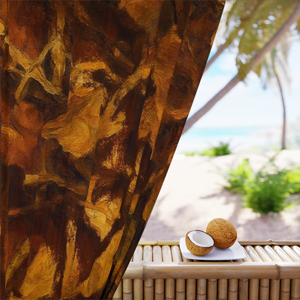 Painterly detail of layered brown and ochre brushstrokes on blackout curtain fabric, resembling abstracted autumn foliage