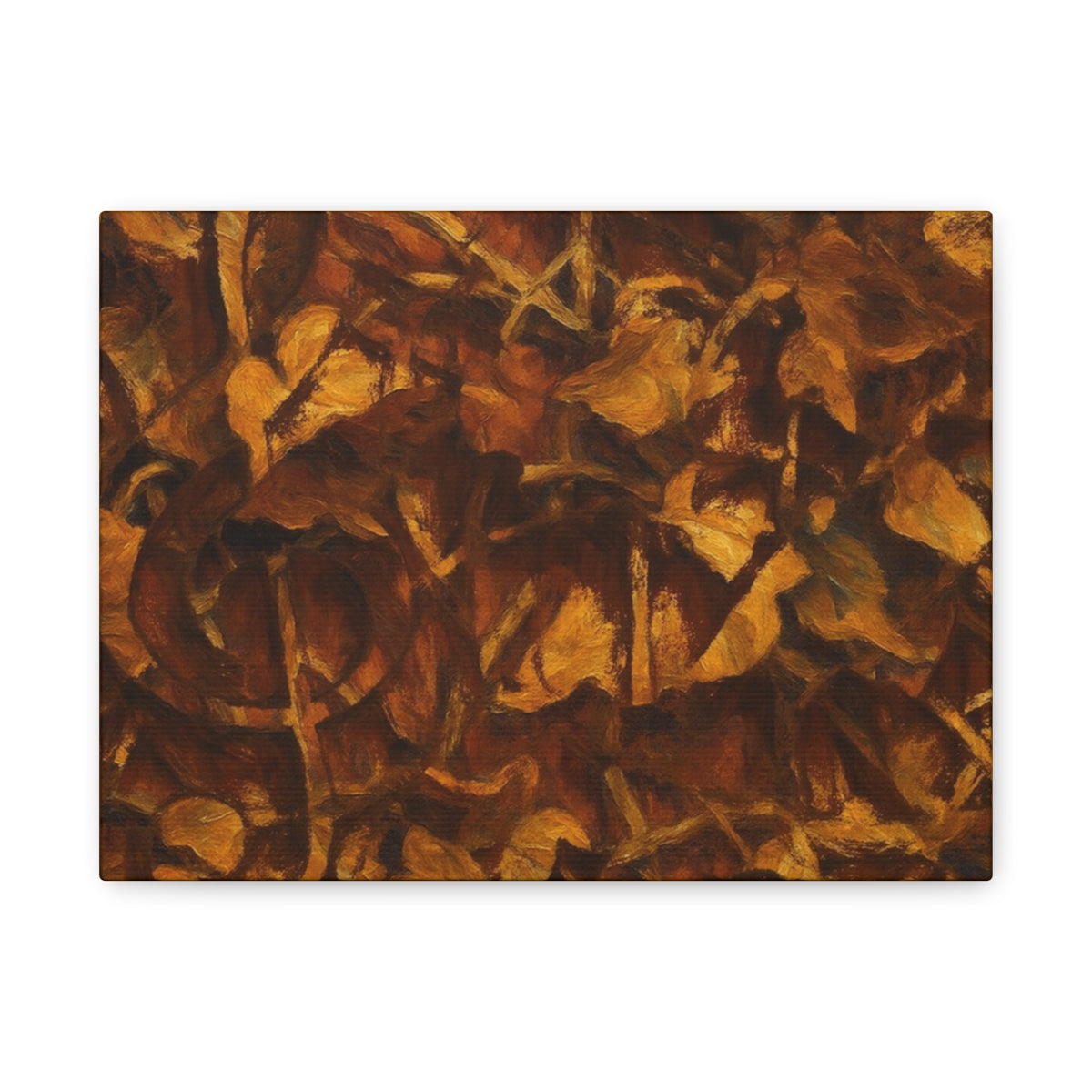Abstract wall art in rich brown and ochre tones with layered foliage forms and a hidden treble clef