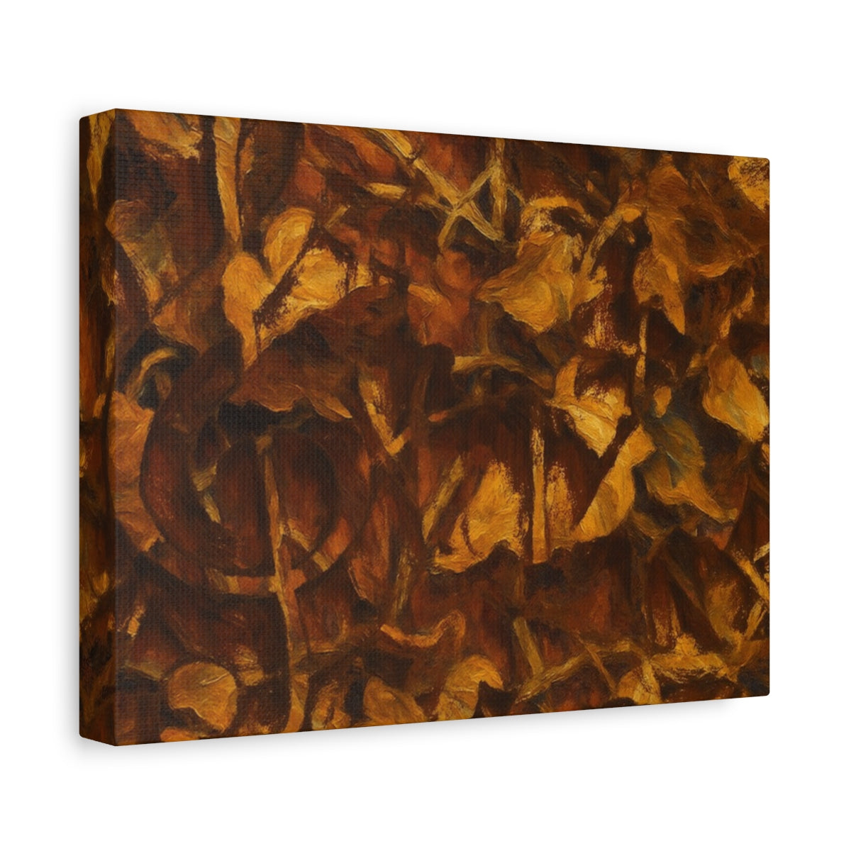 Abstract wall art in rich brown and ochre tones with layered foliage forms and a hidden treble clef - angled view
