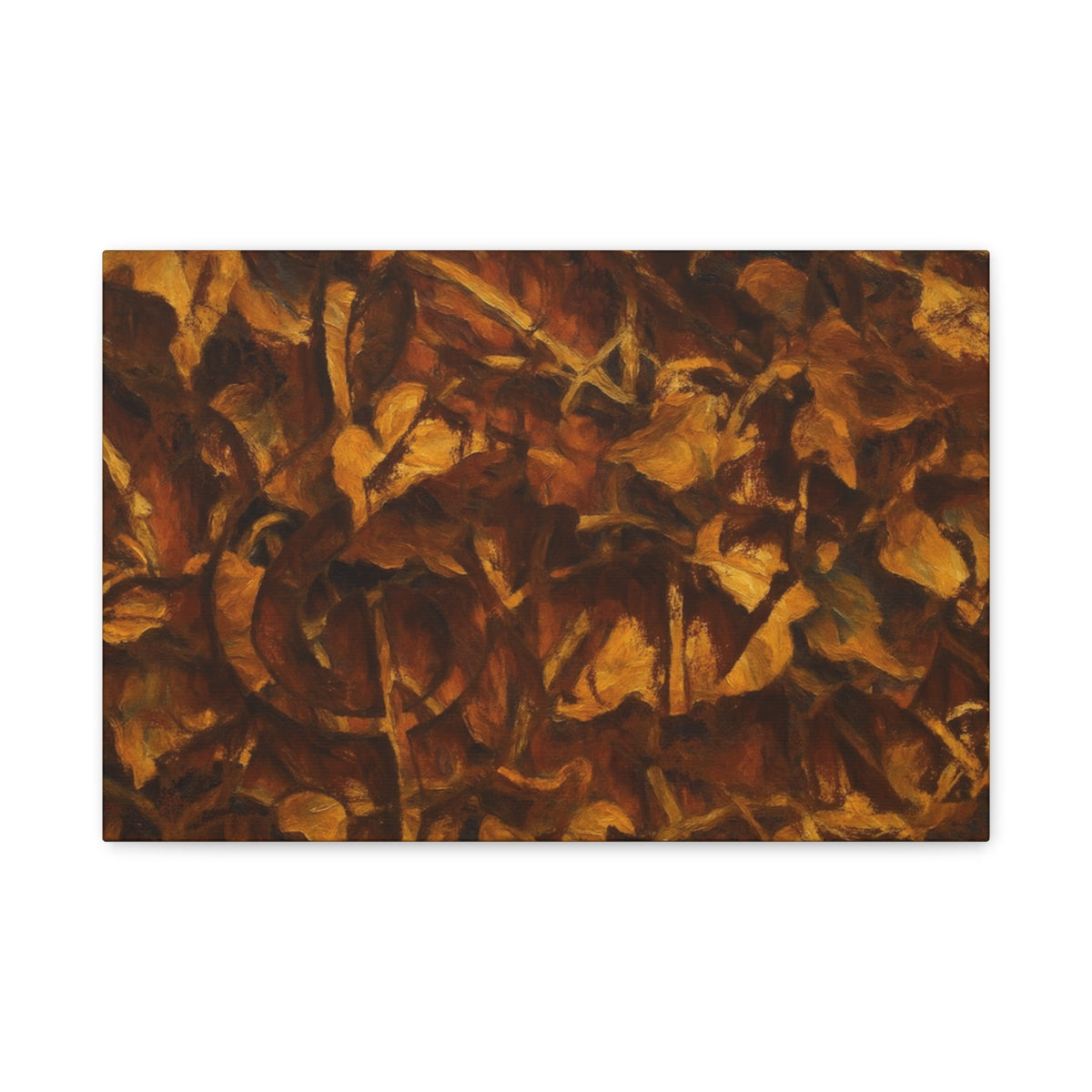 Abstract wall art in rich brown and ochre tones with layered foliage forms and a hidden treble clef