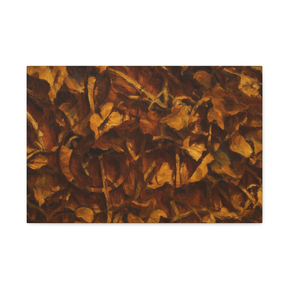 Abstract wall art in rich brown and ochre tones with layered foliage forms and a hidden treble clef