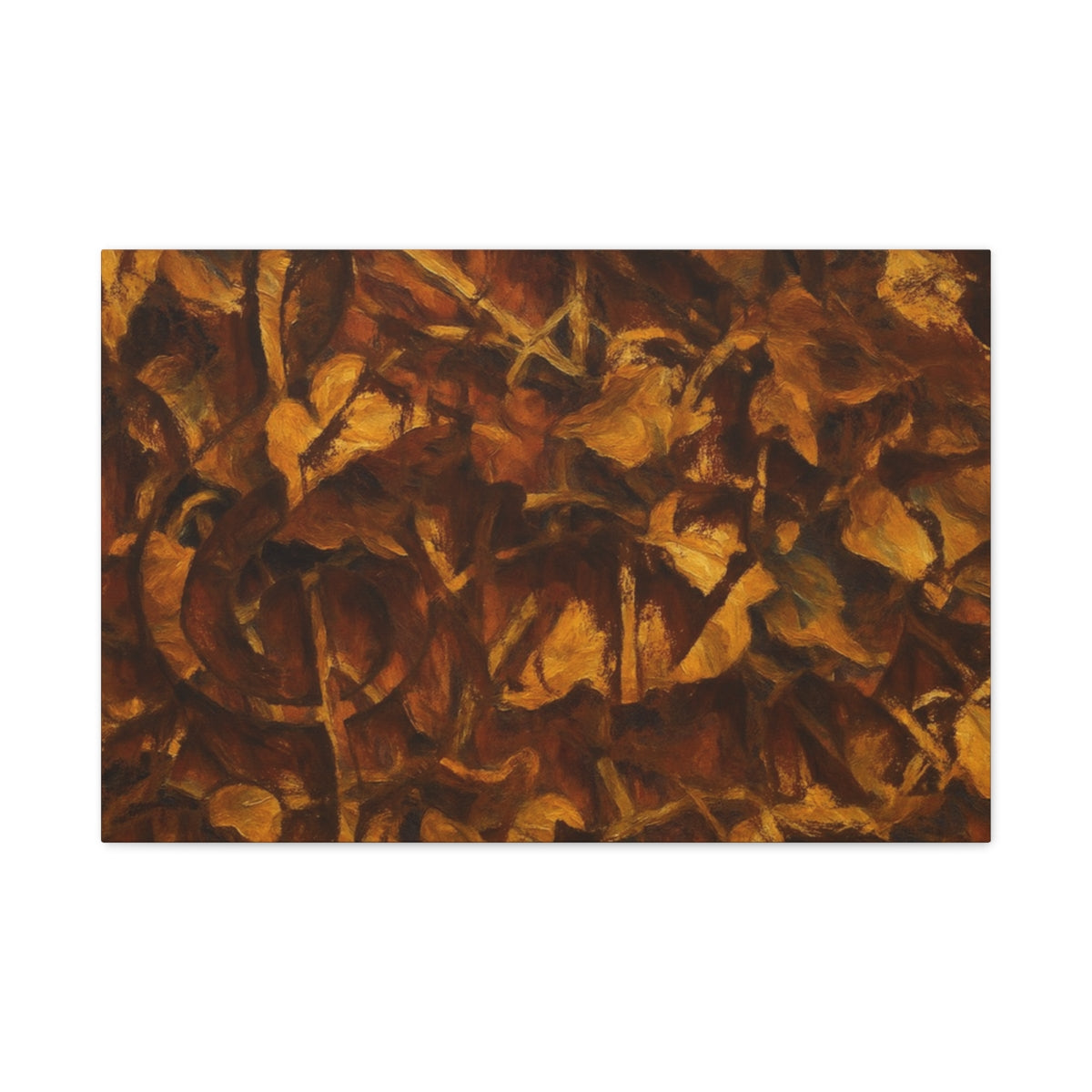 Abstract wall art in rich brown and ochre tones with layered foliage forms and a hidden treble clef