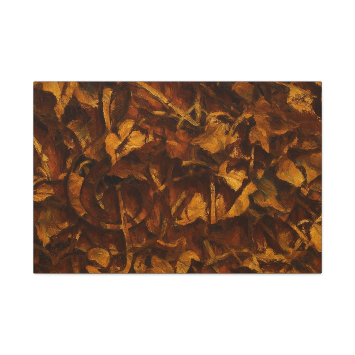 Abstract wall art in rich brown and ochre tones with layered foliage forms and a hidden treble clef