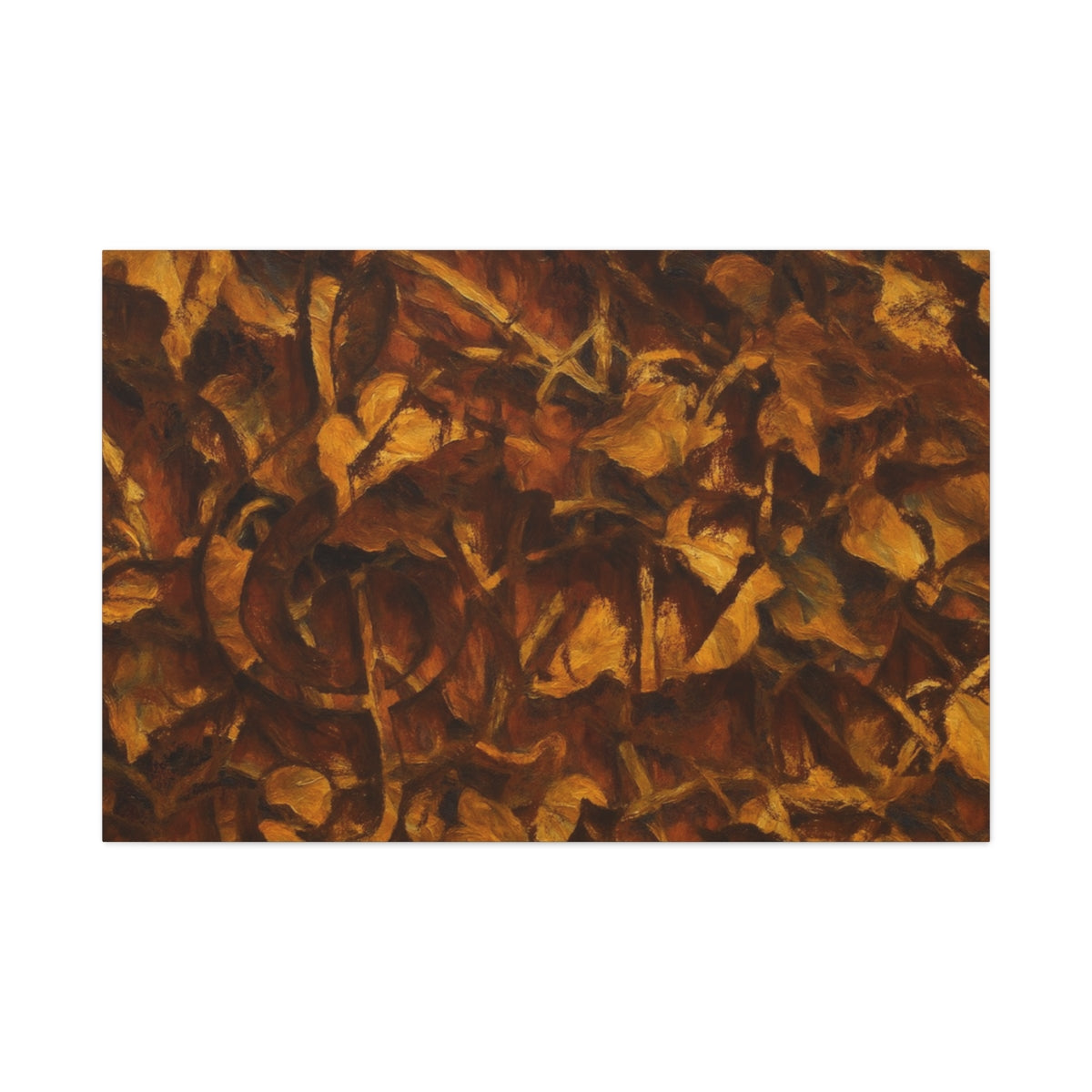 Abstract wall art in rich brown and ochre tones with layered foliage forms and a hidden treble clef