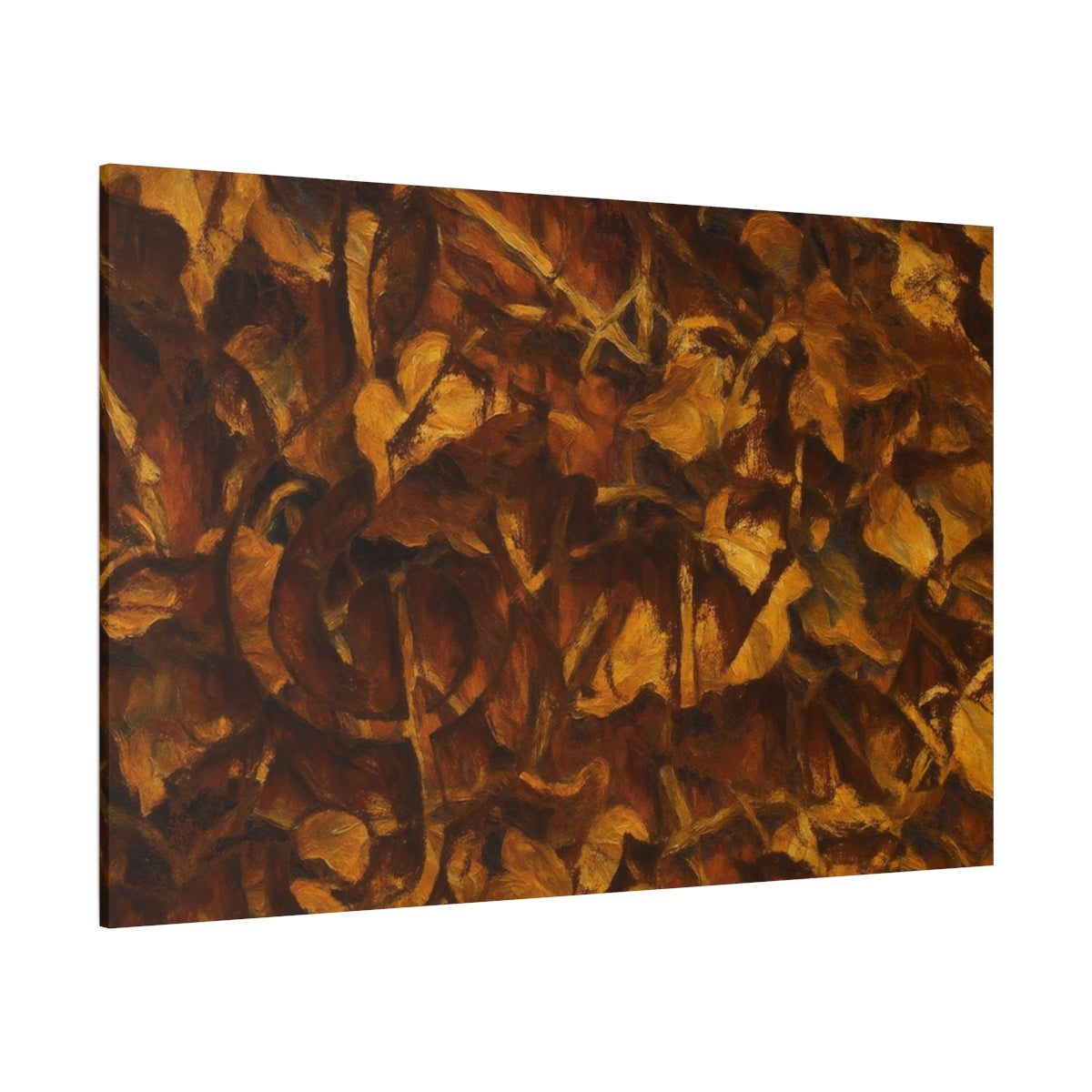 Abstract wall art in rich brown and ochre tones with layered foliage forms and a hidden treble clef - angled view