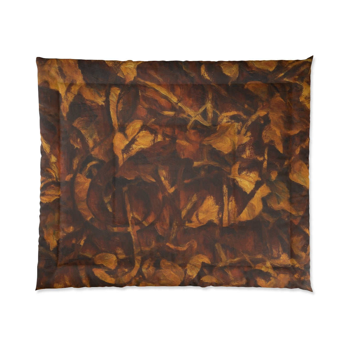 comforter with overlapping earth-toned textures and abstract strokes, displayed on white background, size 104'' x 88''