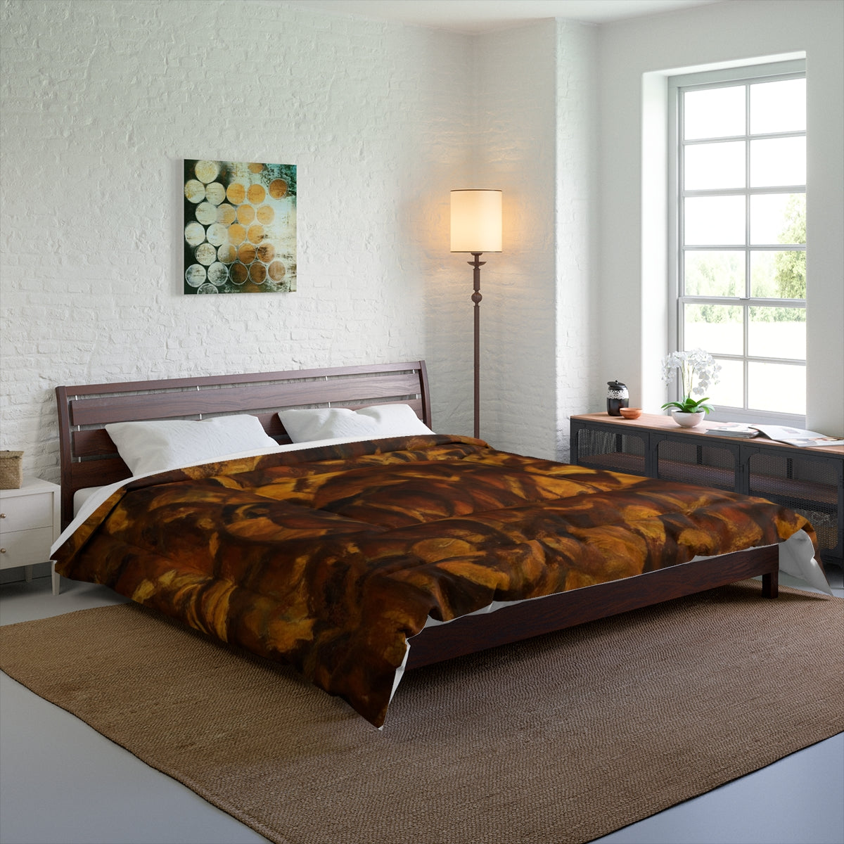 bedroom mockup with Leaf Tone comforter in grounded natural shades across a bed, size 104'' x 88''