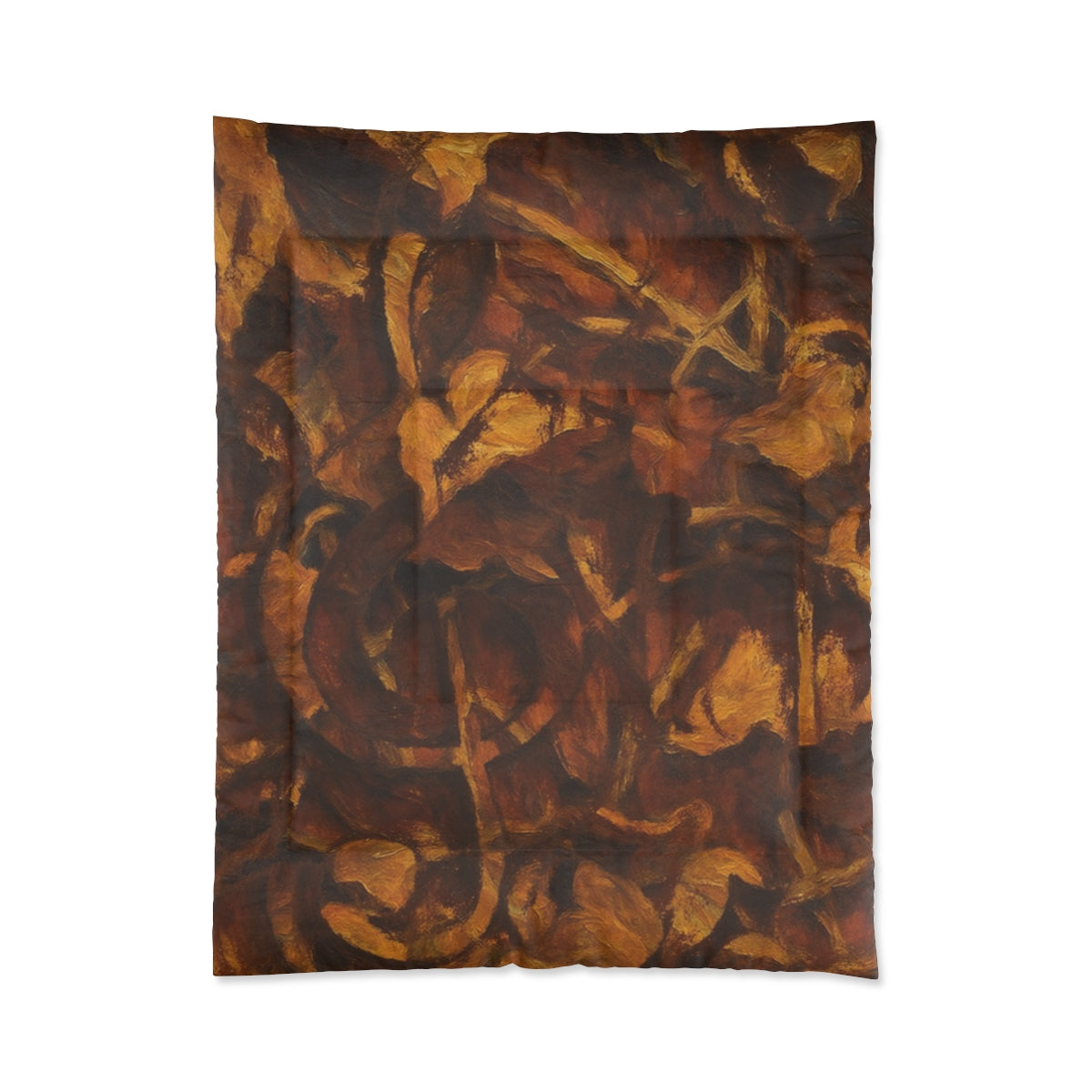 Comforter featuring layered abstract shapes in deep brown and ochre displayed on white background, size 68'' x 88''