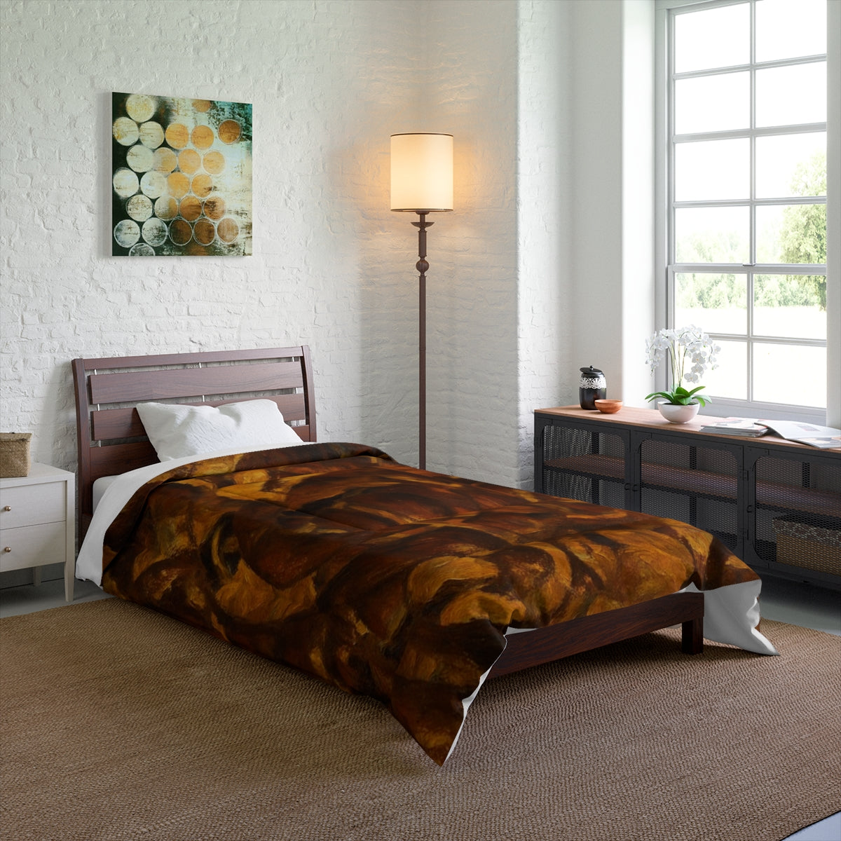 Bedroom with Leaf Tone comforter in warm earthy colors with a soft painted look, size 68'' x 88''