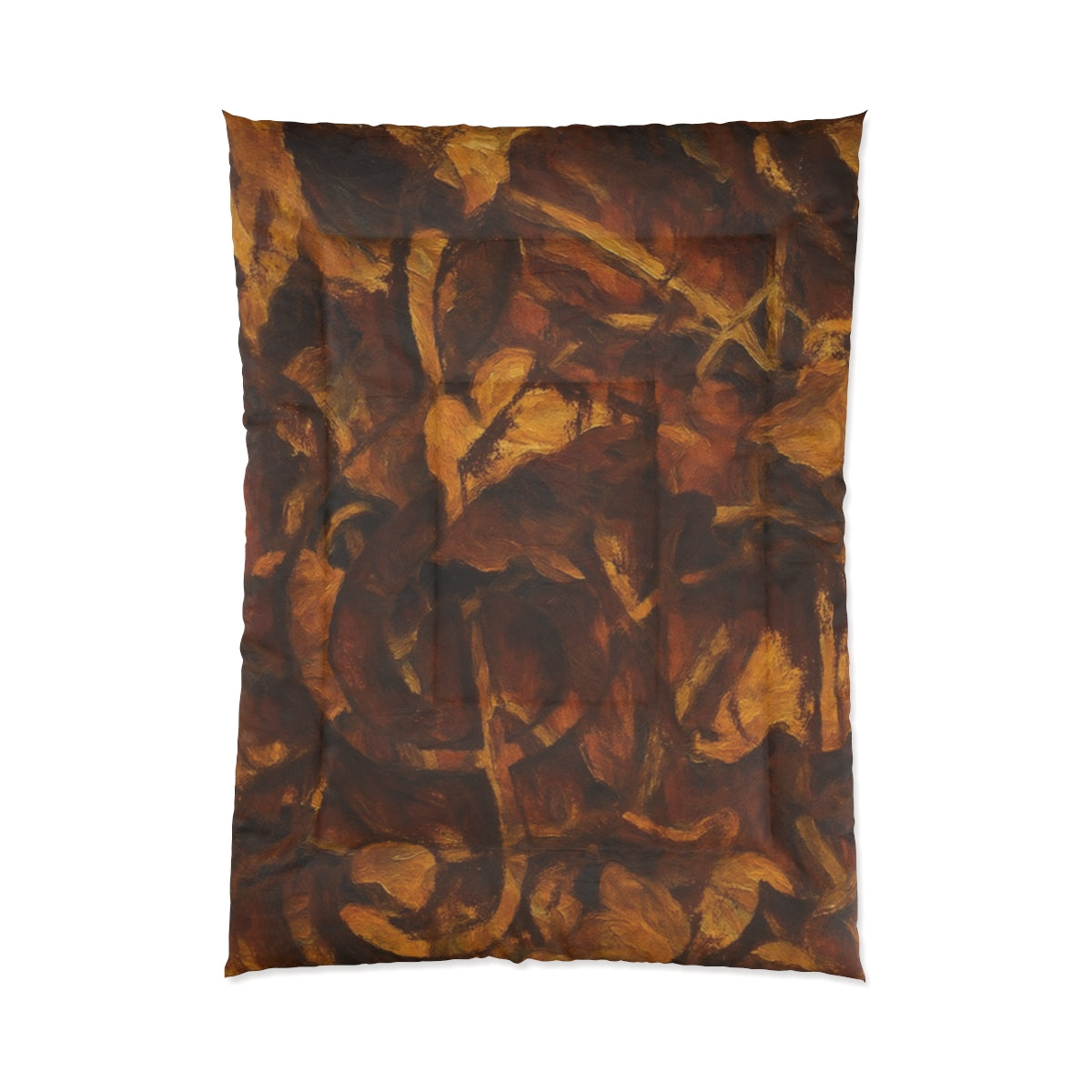 Abstract comforter in sienna and umber tones with bold painterly layering, displayed on white background, size 68'' x 92''