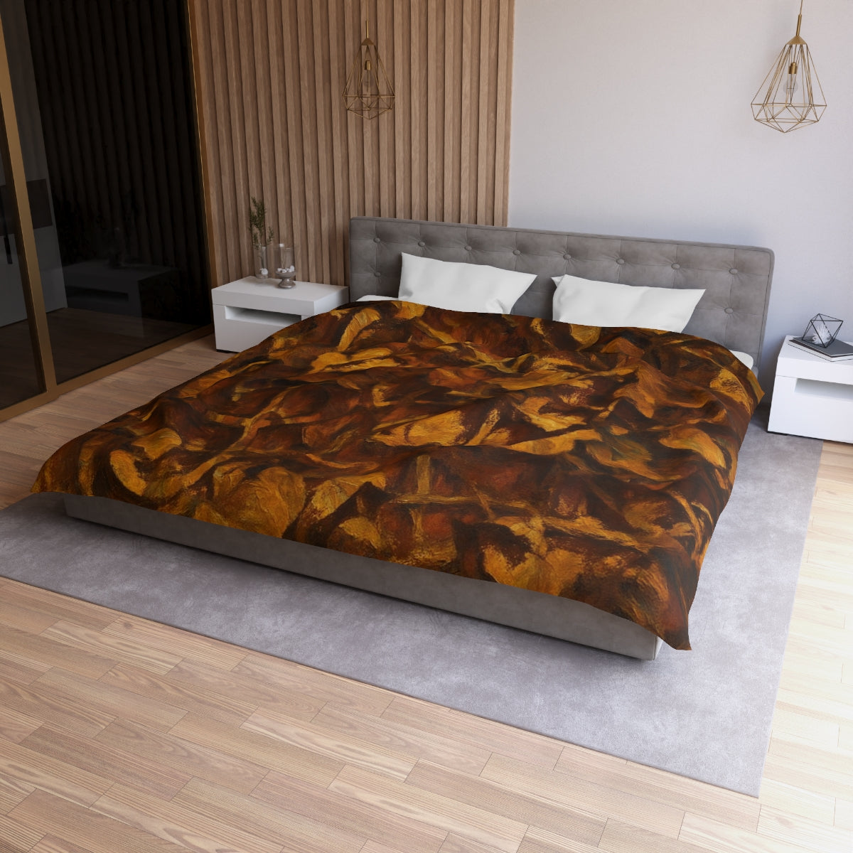 King size Leaf Tone duvet cover with white lining, designed with warm abstract foliage and painterly strokes