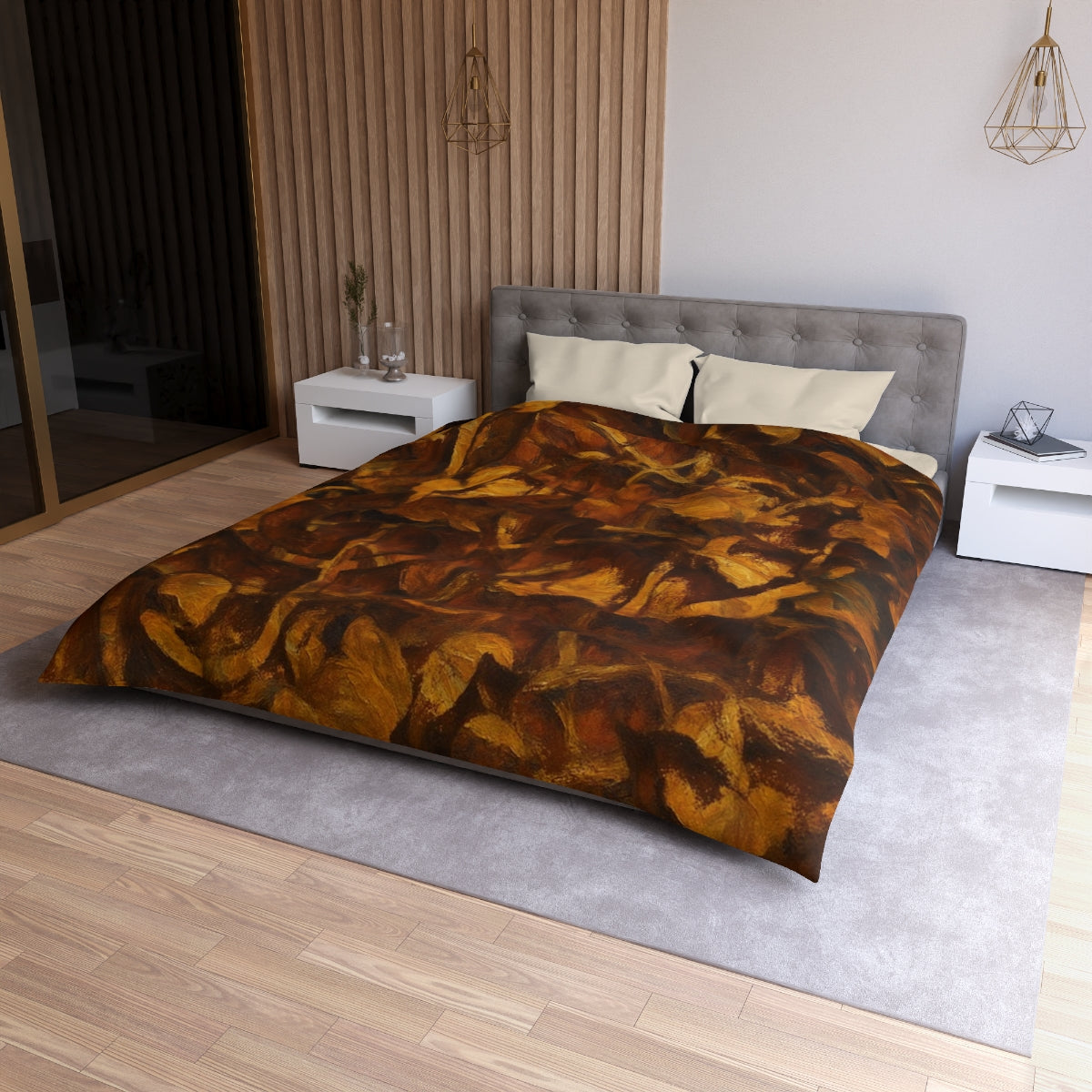 Queen size Leaf Tone duvet cover with cream lining, showing deep ochre and brown leaf forms with bold texture