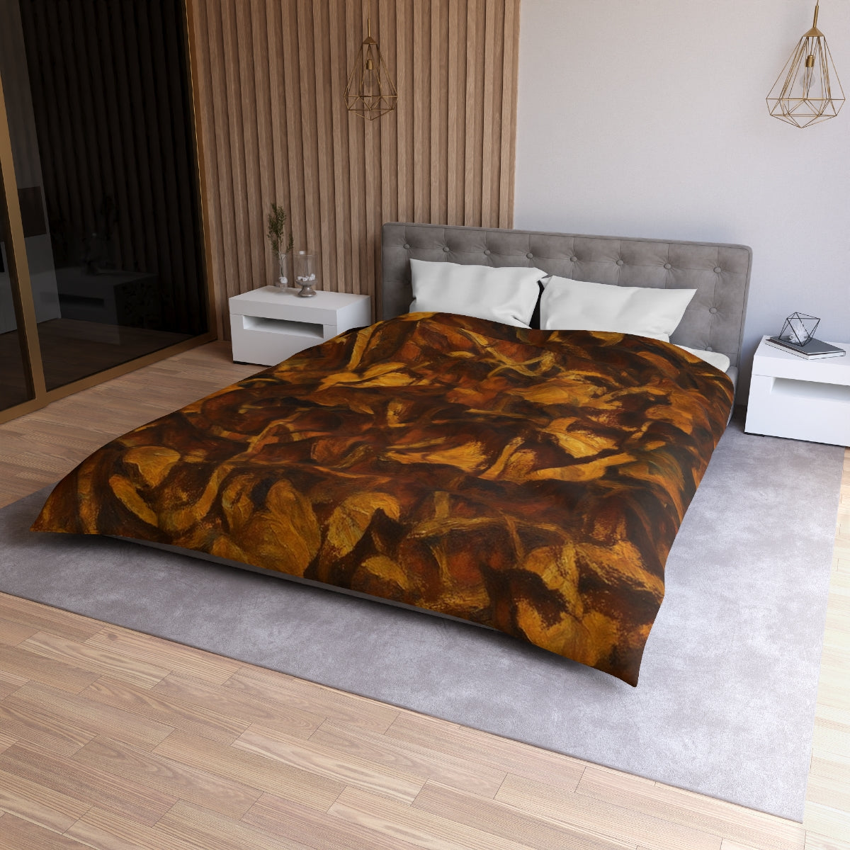 Queen size Leaf Tone duvet cover with white lining, showing deep ochre and brown leaf forms with bold texture