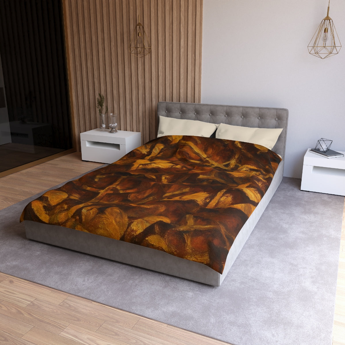 Twin size Leaf Tone duvet cover with cream lining, featuring abstract golden brown leaf pattern on soft microfiber