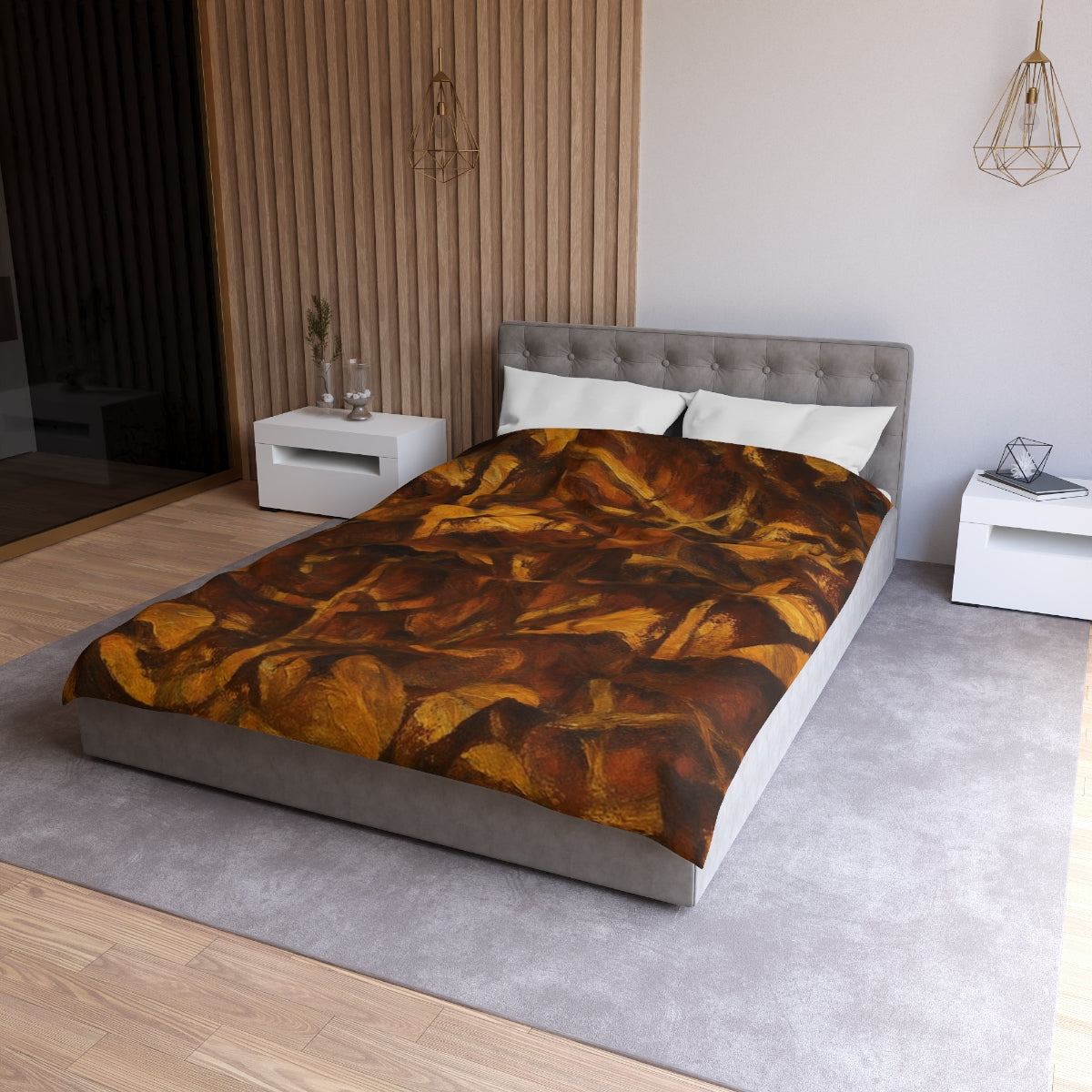 Twin size Leaf Tone duvet cover with white lining, featuring abstract golden brown leaf pattern on soft microfiber