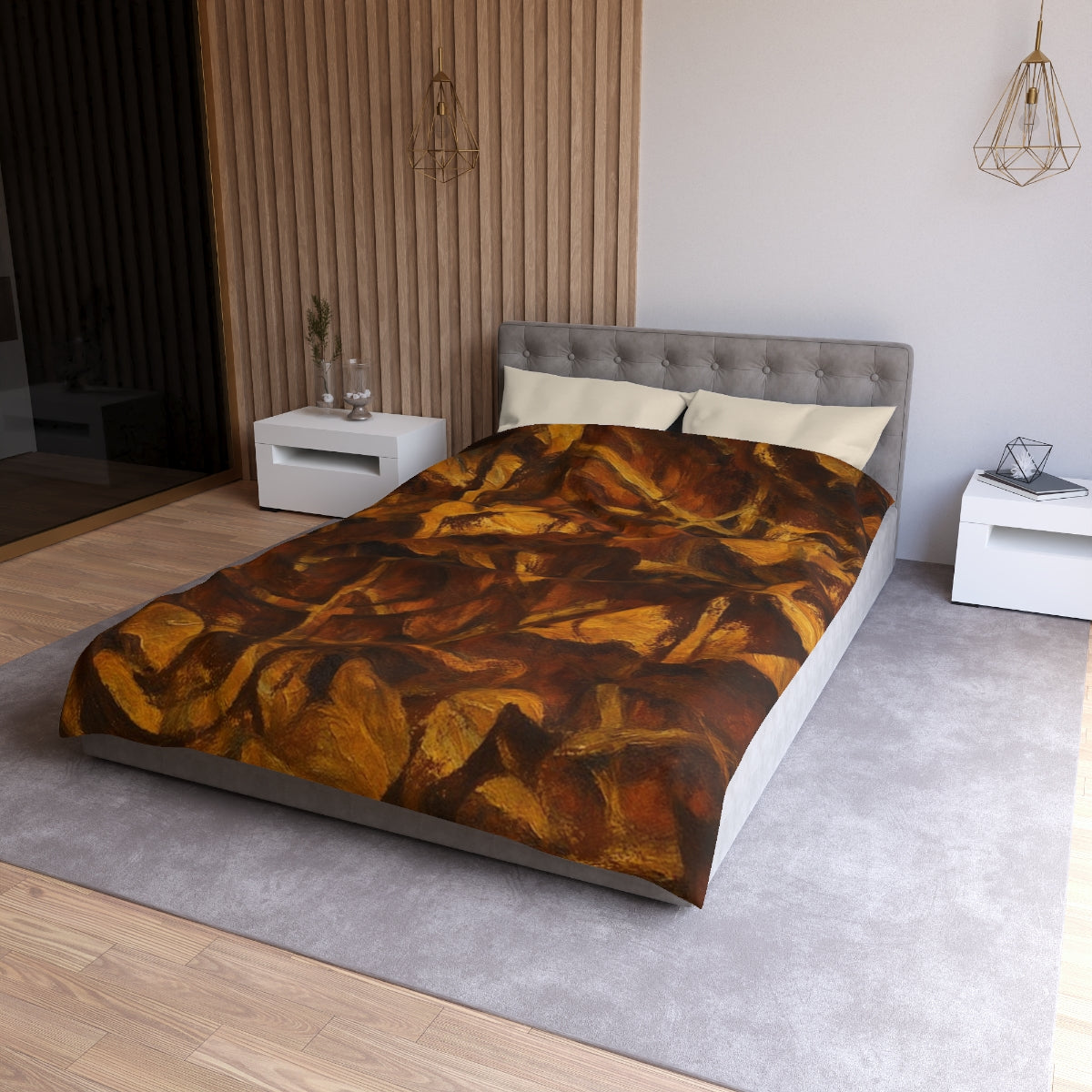 Twin XL size Leaf Tone duvet cover with cream lining, covered in painterly leaf shapes in rich earthy tones