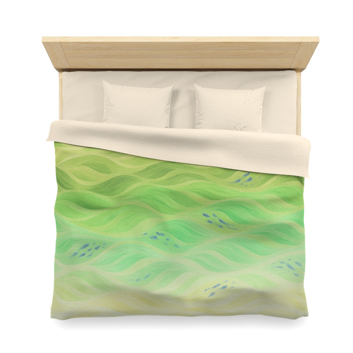 King size duvet cover in Lemon and Lime with cream lining, designed in airy green tones with subtle visual motion