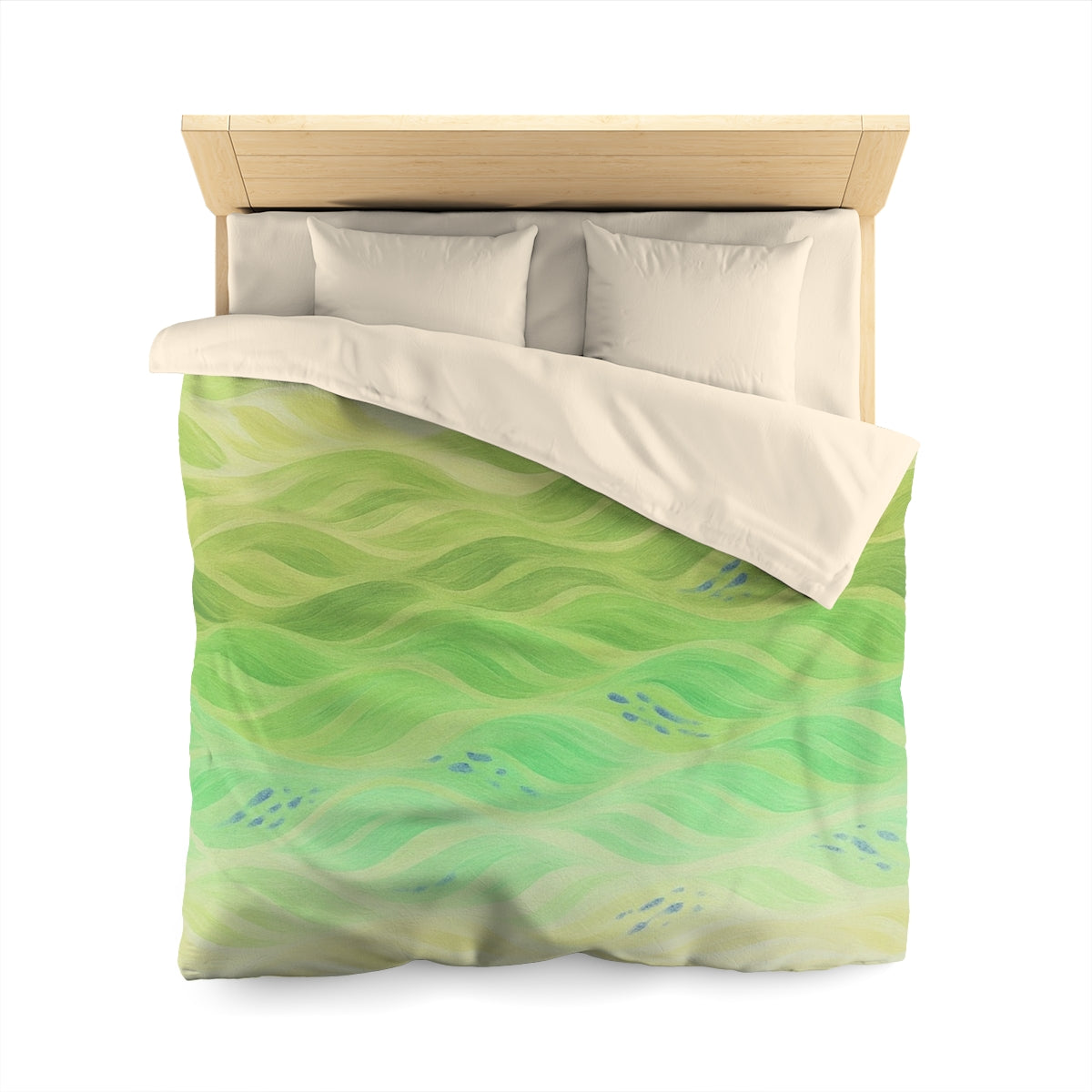 Queen size duvet cover in Lemon and Lime with cream lining, softly rippled in vibrant lime and pale mint hues