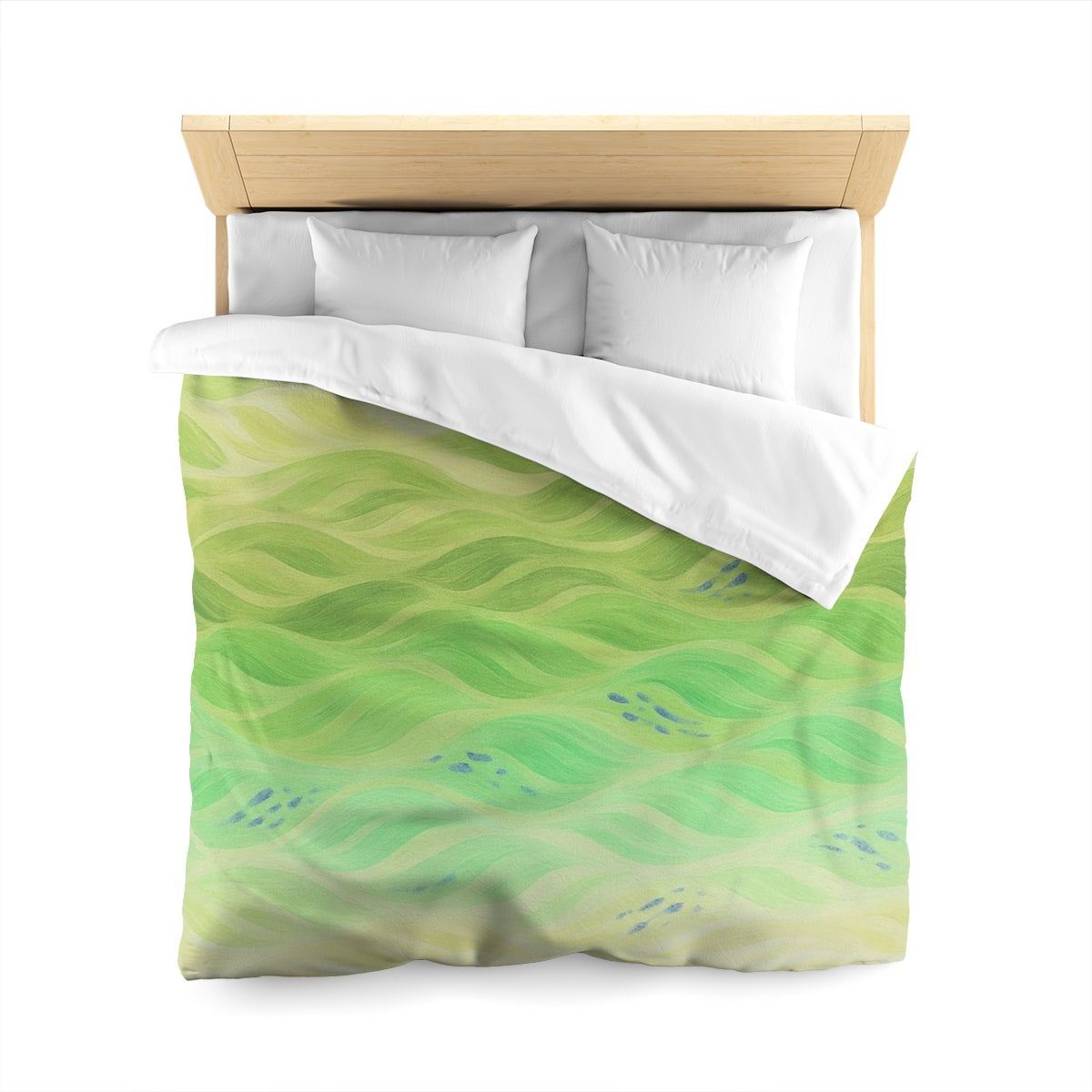 Queen size duvet cover in Lemon and Lime with white lining, softly rippled in vibrant lime and pale mint hues