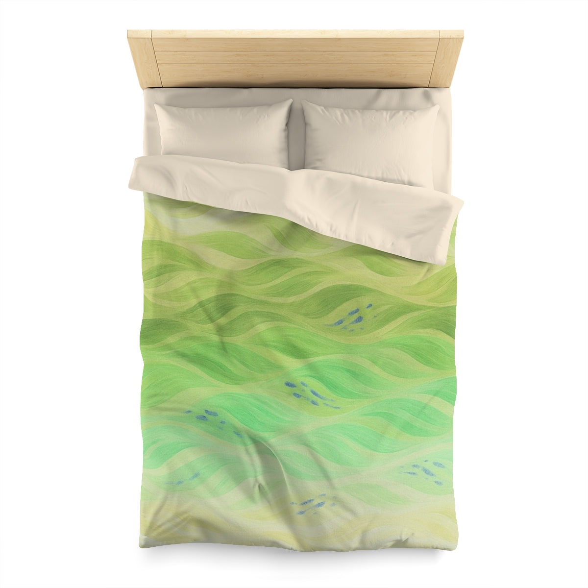 Twin size duvet cover in Lemon and Lime with cream lining, featuring fresh spring greens with cool blue accents