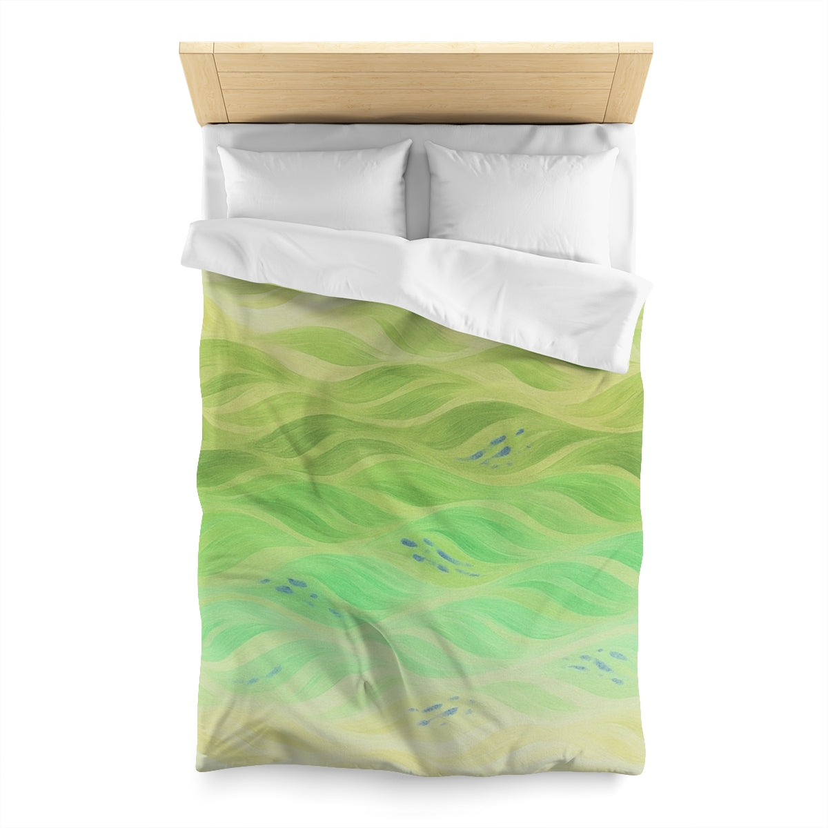 Twin size duvet cover in Lemon and Lime with white lining, featuring fresh spring greens with cool blue accents