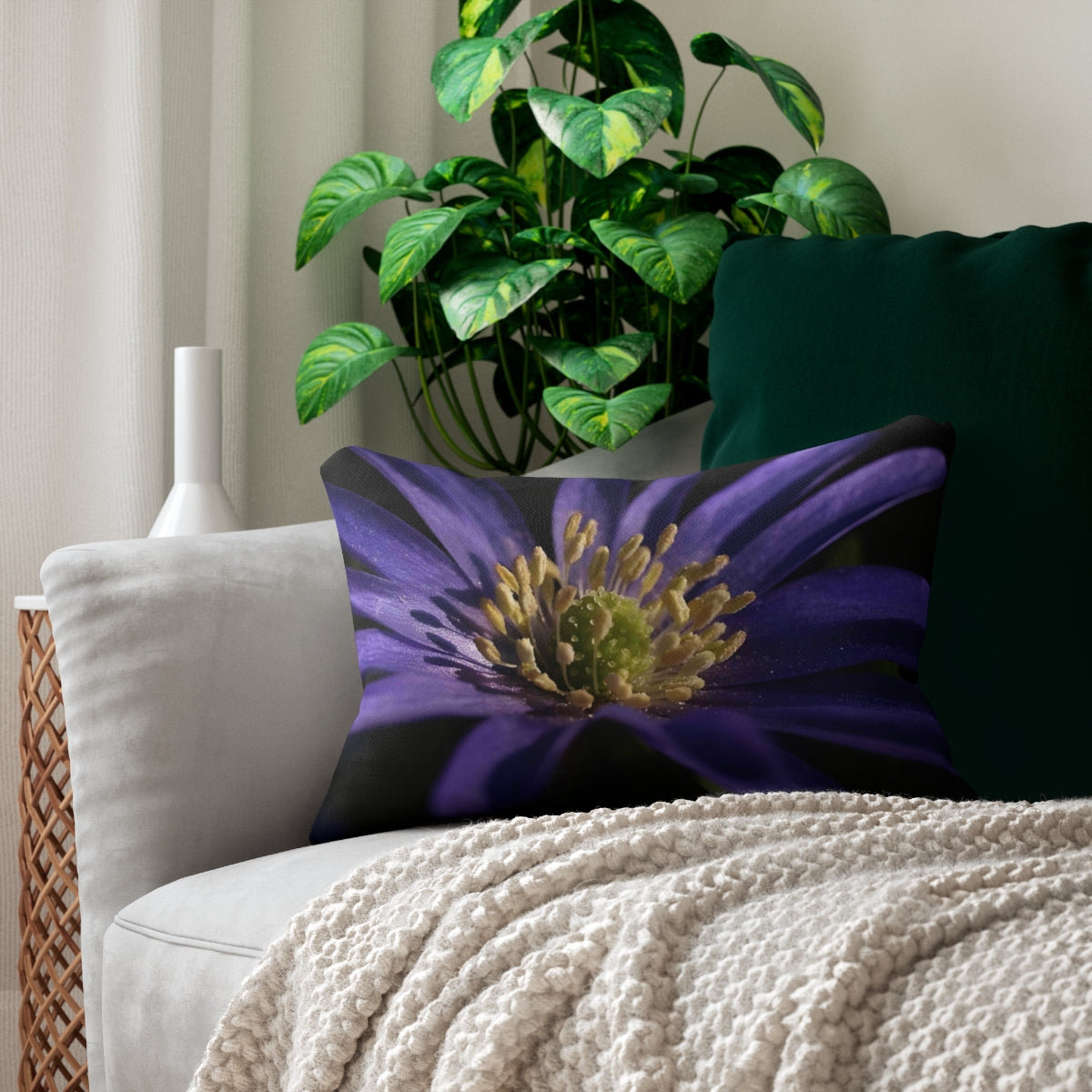 lumbar pillow featuring close up of purple anemone size:20''x14''