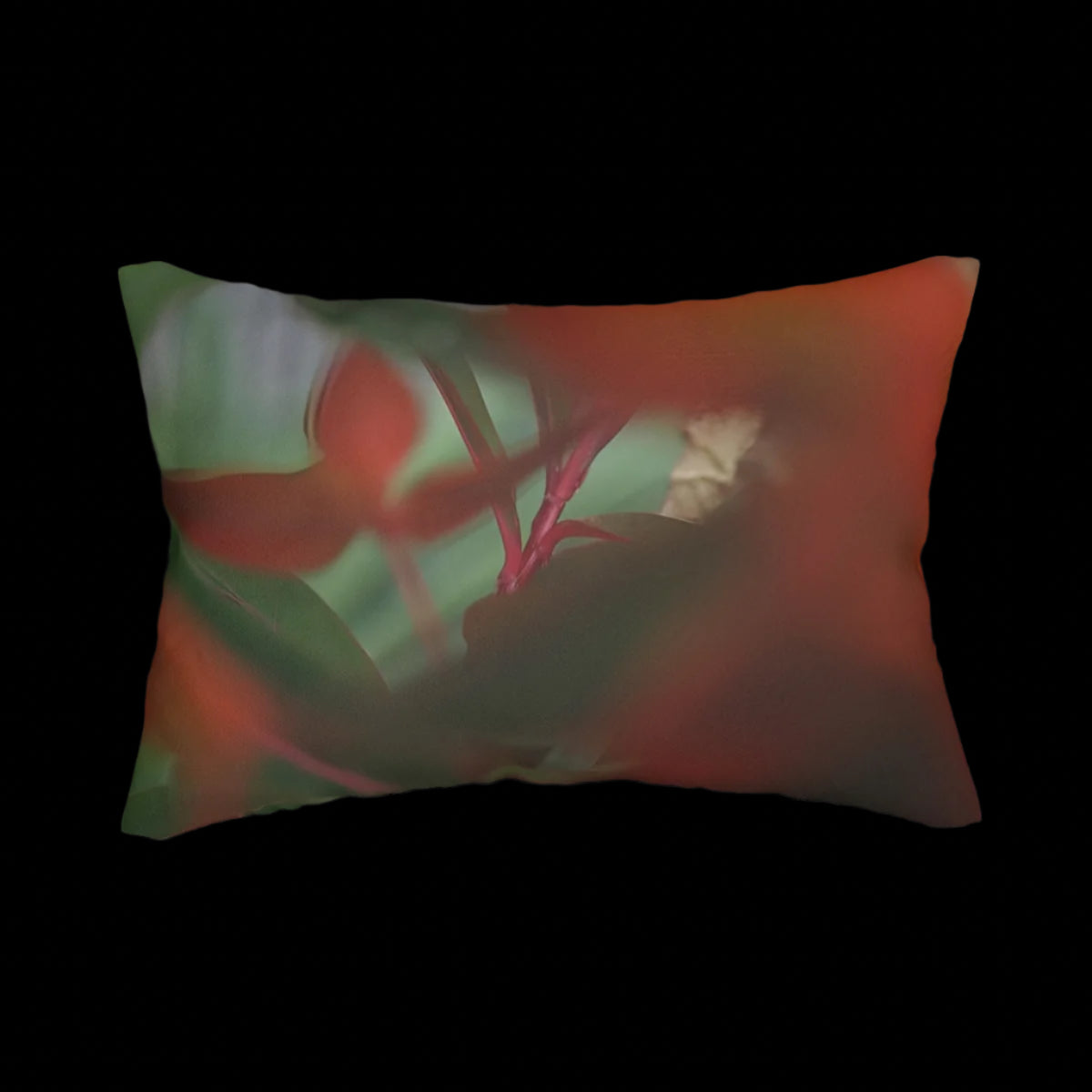 lumbar pillow featuring red and green plants, close up photo size: 20''14''