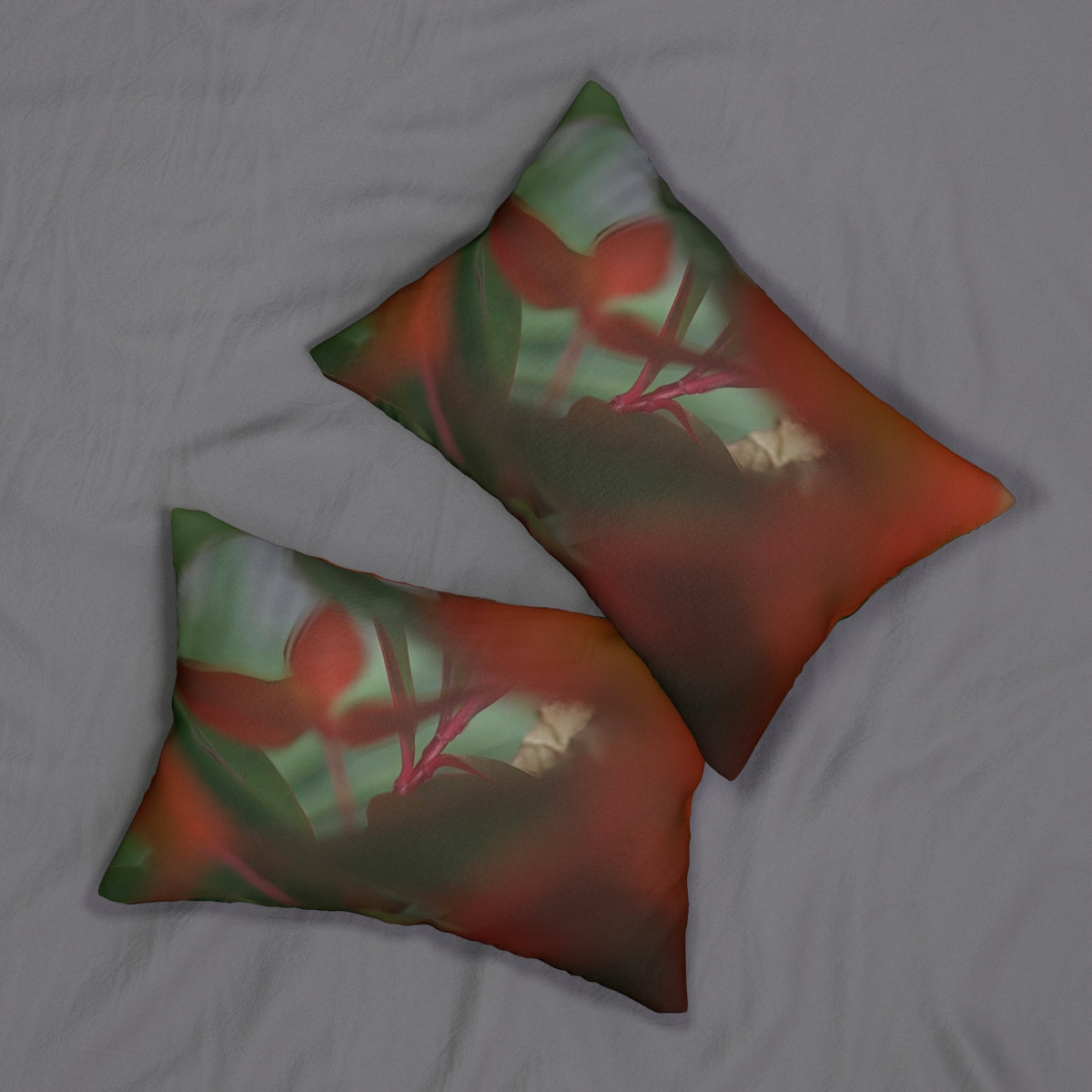 lumbar pillow featuring red and green plants, close up photo size: 20''14''